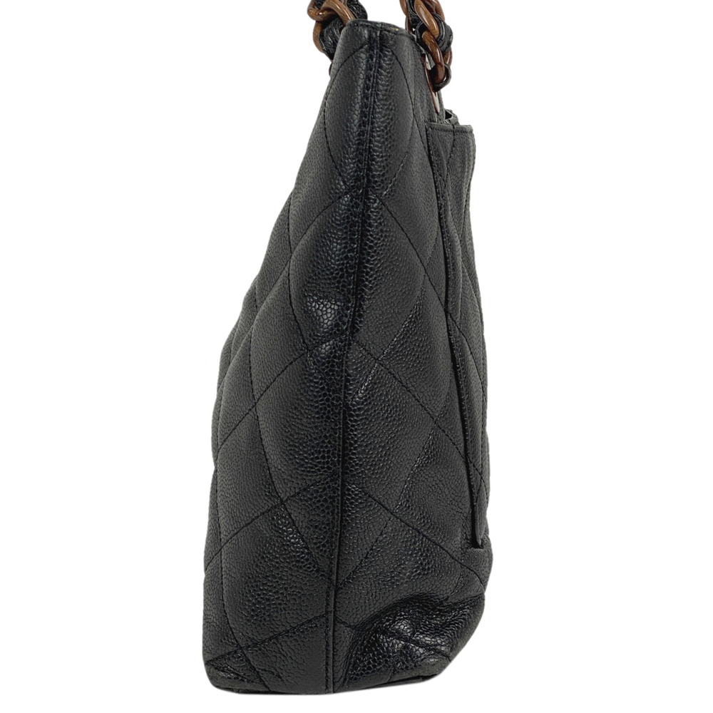 Chanel Bag Style Wood Chain Matelasse Cocomark Skin Black Caviar Tote